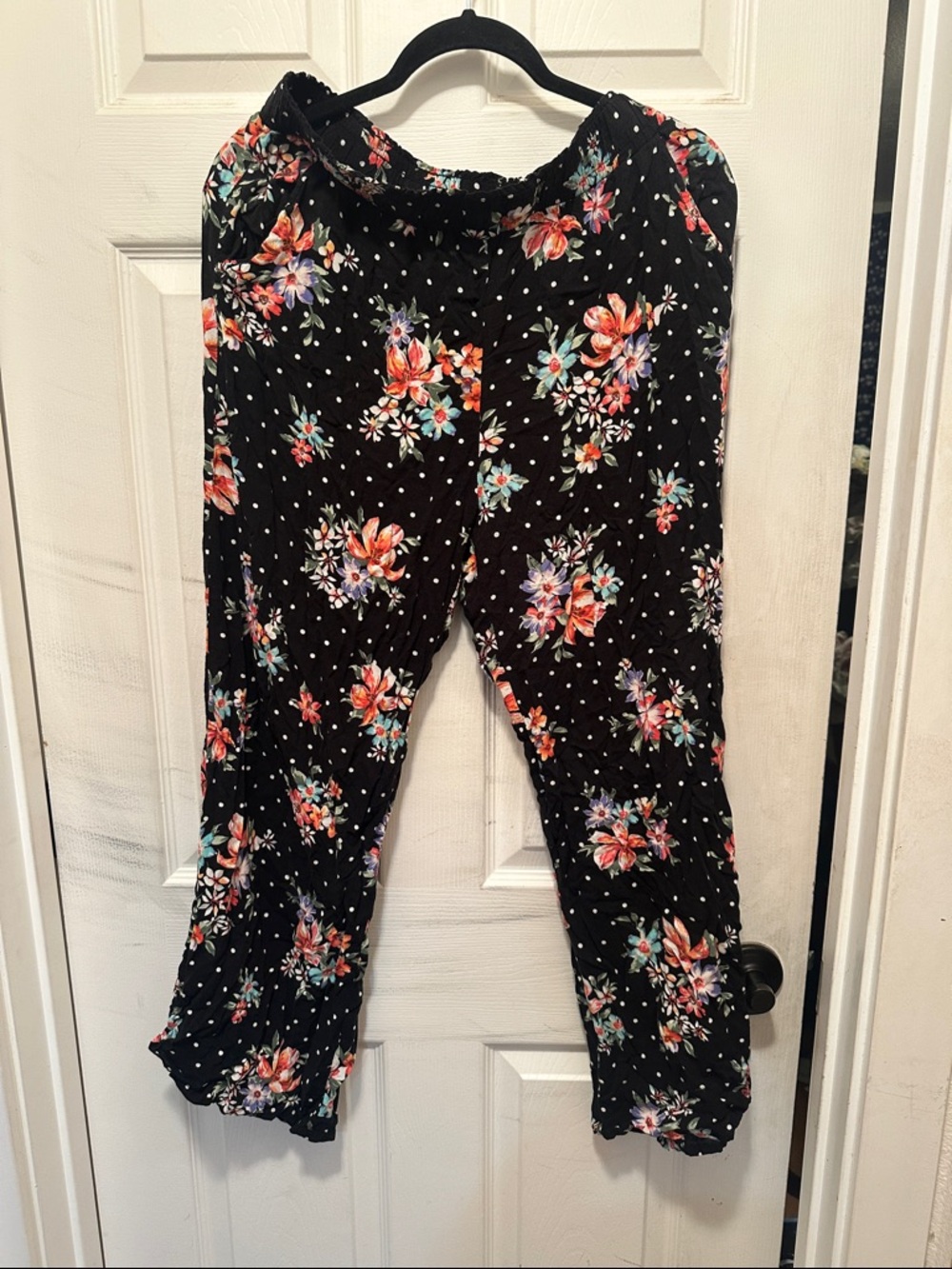 Black Floral Polka Dot Rayon Pants Whimsigoth